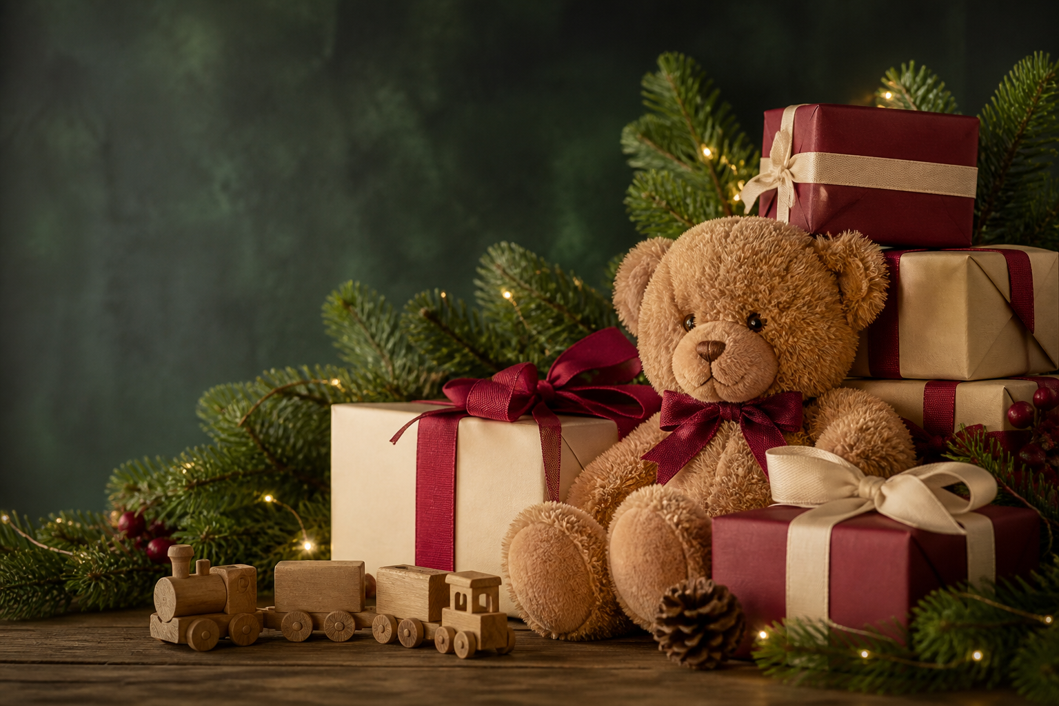 A teddy bear, wrapped Christmas presents and a wooden toy train beside evergreen branches
