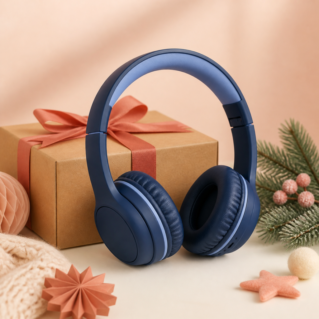 Illustrative blue children’s wireless headphones beside a Christmas gift box; not product photography.